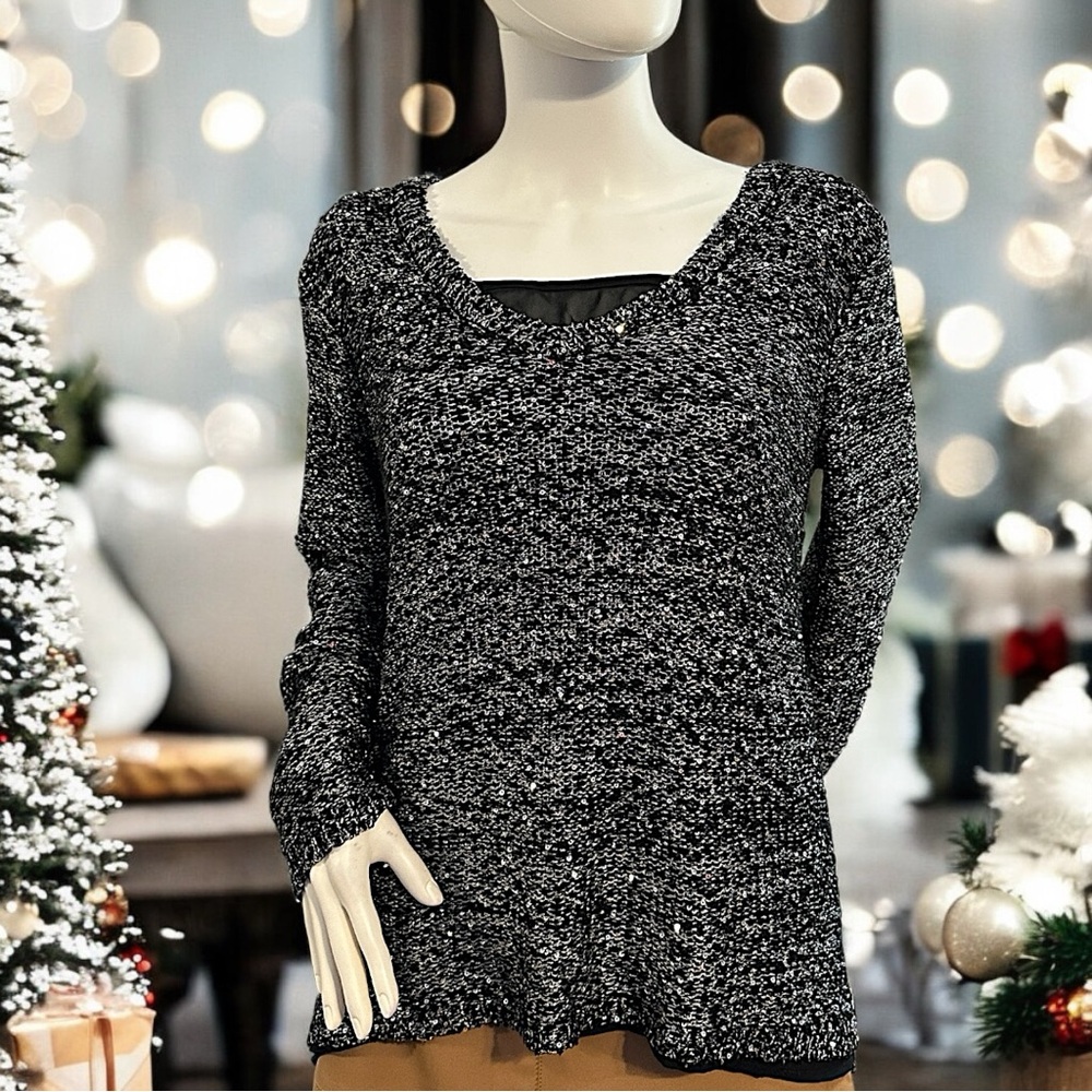 Apt. 9 Women's V-Neck Sweater in Black and Silver with Sequin Accents Size XL